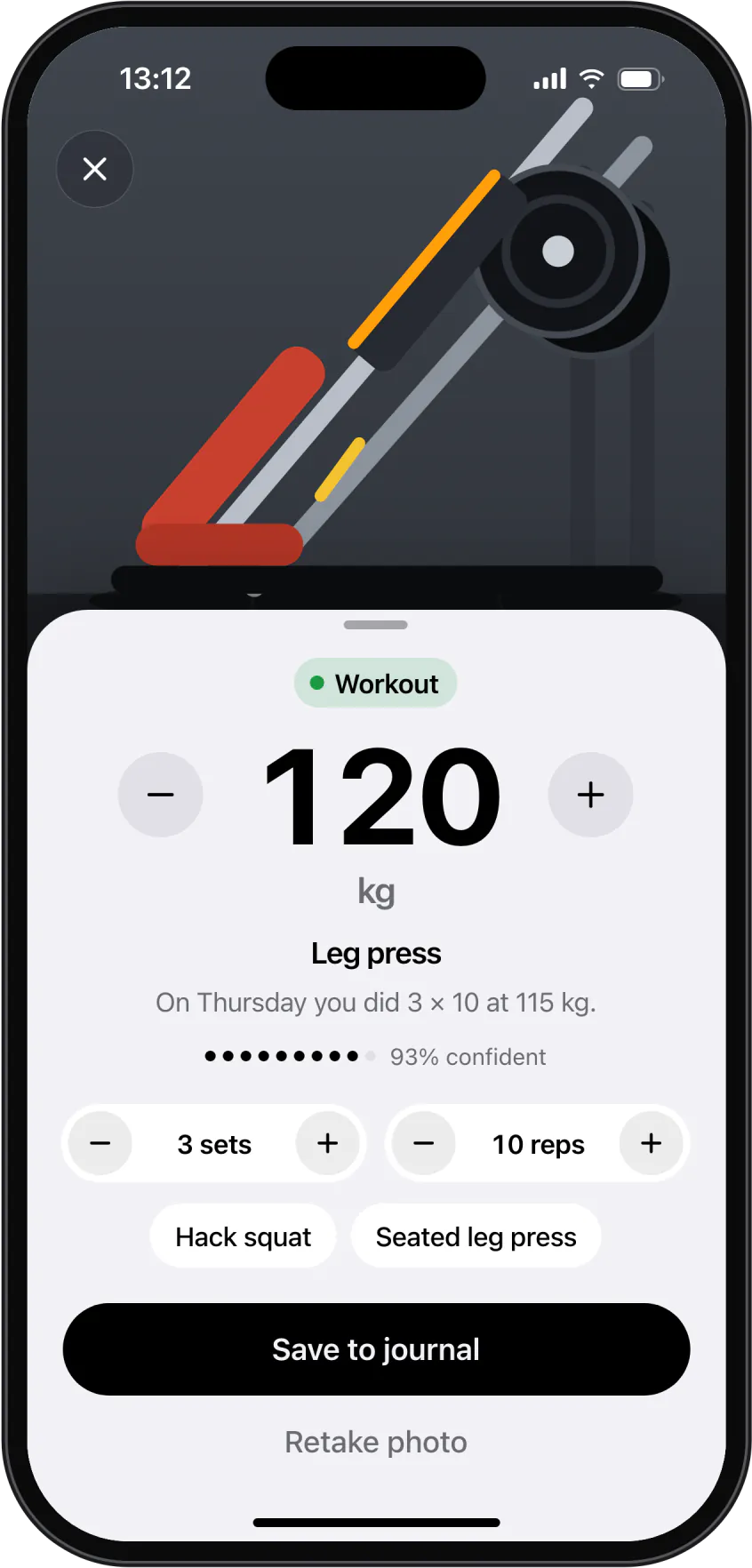 A photo of a leg press machine turned into a workout entry: 120 kg, 3 sets of 10 reps.