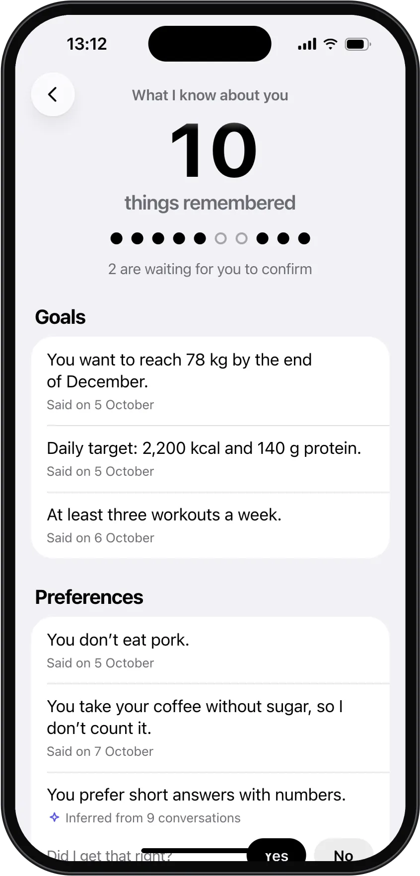 What Uppo remembers about you: goals and preferences, each one editable.